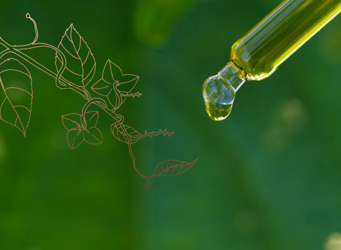 Close-up of Nunaia natural skincare serum in glass dropper